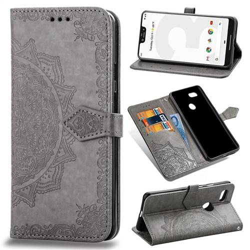 Embossing Imprint Mandala Flower Leather Wallet Case for Google Pixel 3 XL - Gray