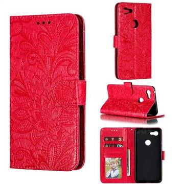 Intricate Embossing Lace Jasmine Flower Leather Wallet Case for Google Pixel 3 XL - Red