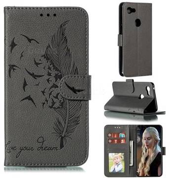 Intricate Embossing Lychee Feather Bird Leather Wallet Case for Google Pixel 3 XL - Gray