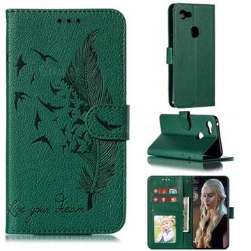 Intricate Embossing Lychee Feather Bird Leather Wallet Case for Google Pixel 3 XL - Green