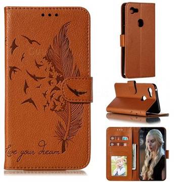 Intricate Embossing Lychee Feather Bird Leather Wallet Case for Google Pixel 3 XL - Brown