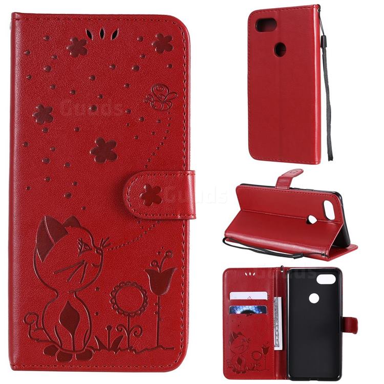 Embossing Bee and Cat Leather Wallet Case for Google Pixel 3 XL - Red