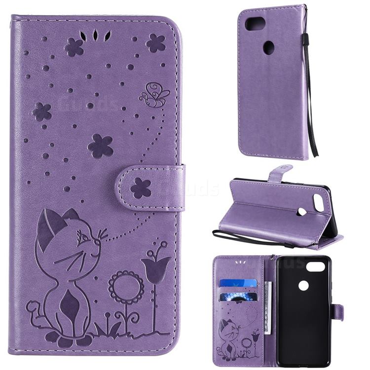 Embossing Bee and Cat Leather Wallet Case for Google Pixel 3 XL - Purple