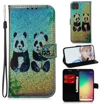Two Pandas Laser Shining Leather Wallet Phone Case for Google Pixel 4