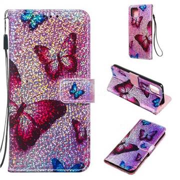 Blue Butterfly Sequins Painted Leather Wallet Case for Google Pixel 4