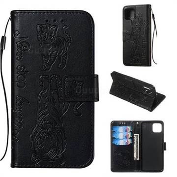 Embossing Tiger and Cat Leather Wallet Case for Google Pixel 4 - Black
