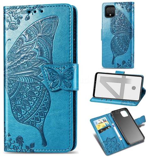 Embossing Mandala Flower Butterfly Leather Wallet Case for Google Pixel 4 - Blue