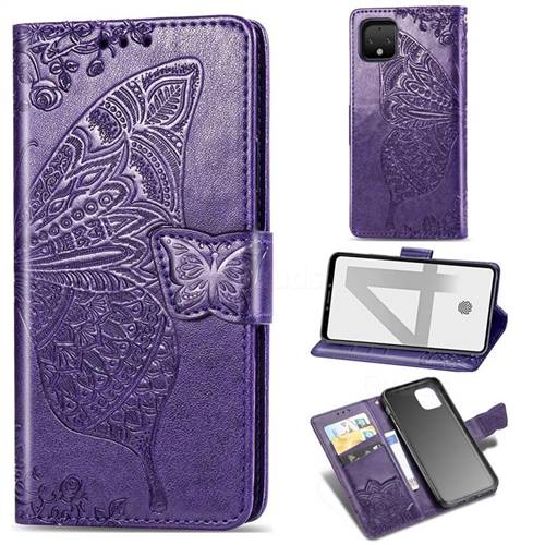 Embossing Mandala Flower Butterfly Leather Wallet Case for Google Pixel 4 - Dark Purple