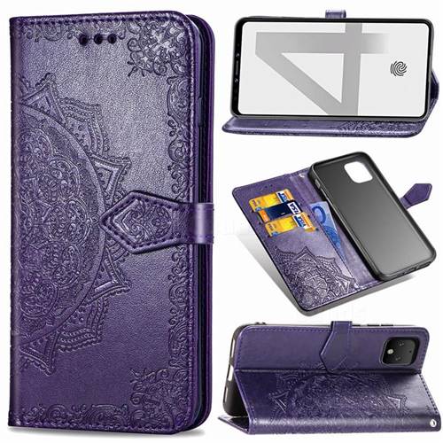 Embossing Imprint Mandala Flower Leather Wallet Case for Google Pixel 4 - Purple