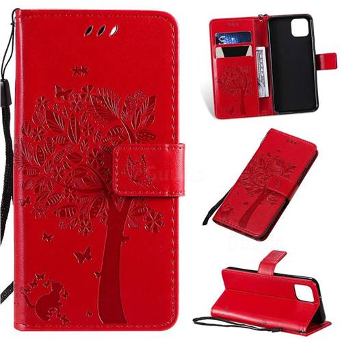 Embossing Butterfly Tree Leather Wallet Case for Google Pixel 4 - Red
