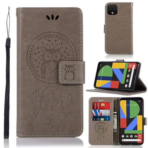 Intricate Embossing Owl Campanula Leather Wallet Case for Google Pixel 4 - Grey