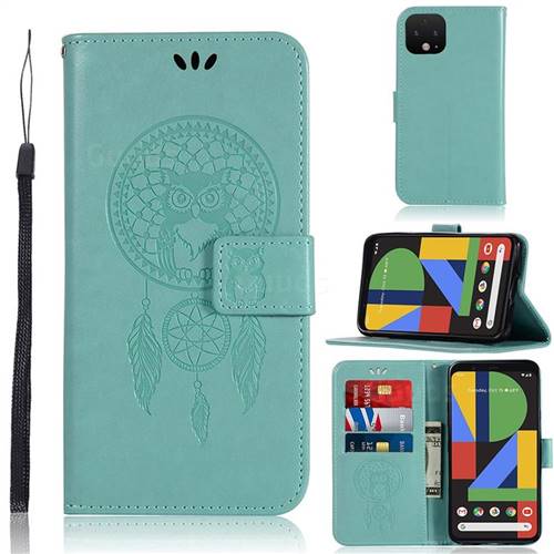 Intricate Embossing Owl Campanula Leather Wallet Case for Google Pixel 4 - Green