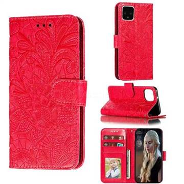 Intricate Embossing Lace Jasmine Flower Leather Wallet Case for Google Pixel 4 - Red