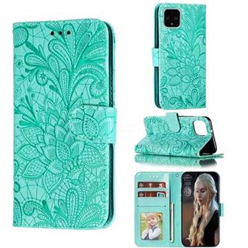 Intricate Embossing Lace Jasmine Flower Leather Wallet Case for Google Pixel 4 - Green