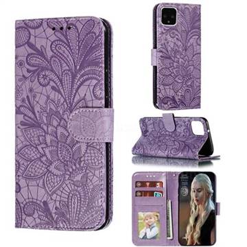 Intricate Embossing Lace Jasmine Flower Leather Wallet Case for Google Pixel 4 - Purple