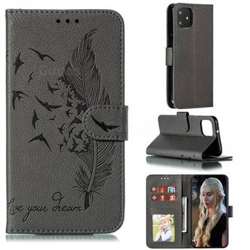 Intricate Embossing Lychee Feather Bird Leather Wallet Case for Google Pixel 4 - Gray