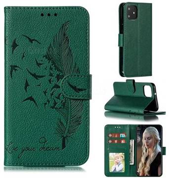 Intricate Embossing Lychee Feather Bird Leather Wallet Case for Google Pixel 4 - Green
