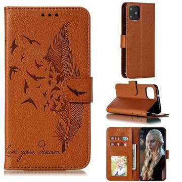 Intricate Embossing Lychee Feather Bird Leather Wallet Case for Google Pixel 4 - Brown