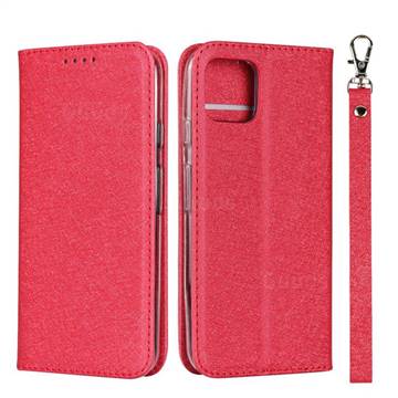 Ultra Slim Magnetic Automatic Suction Silk Lanyard Leather Flip Cover for Google Pixel 4 - Red
