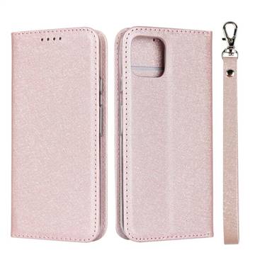 Ultra Slim Magnetic Automatic Suction Silk Lanyard Leather Flip Cover for Google Pixel 4 - Rose Gold