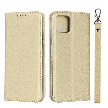 Ultra Slim Magnetic Automatic Suction Silk Lanyard Leather Flip Cover for Google Pixel 4 - Golden