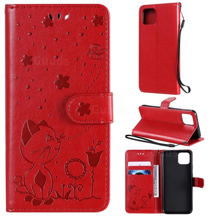 Embossing Bee and Cat Leather Wallet Case for Google Pixel 4 - Red