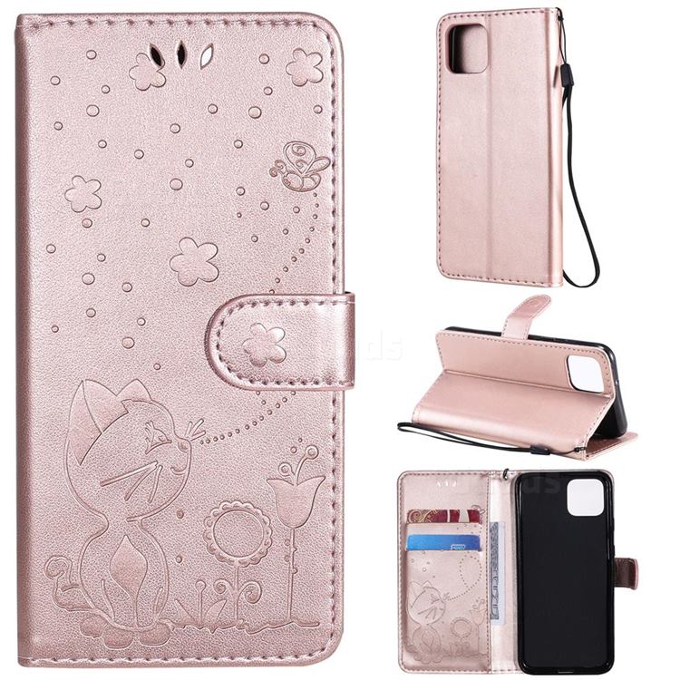 Embossing Bee and Cat Leather Wallet Case for Google Pixel 4 - Rose Gold