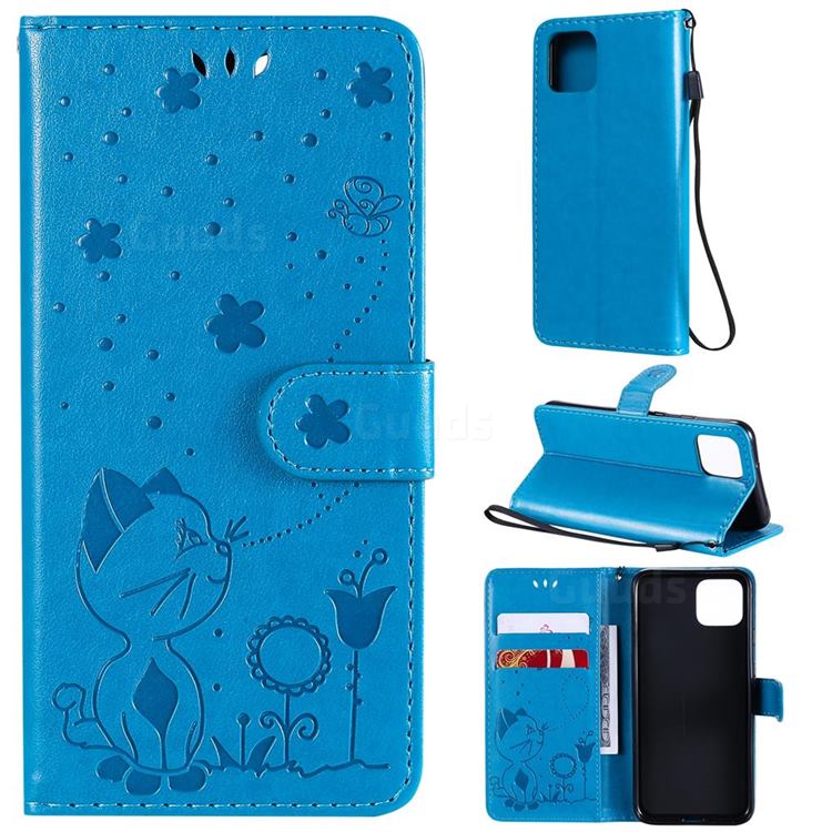 Embossing Bee and Cat Leather Wallet Case for Google Pixel 4 - Blue