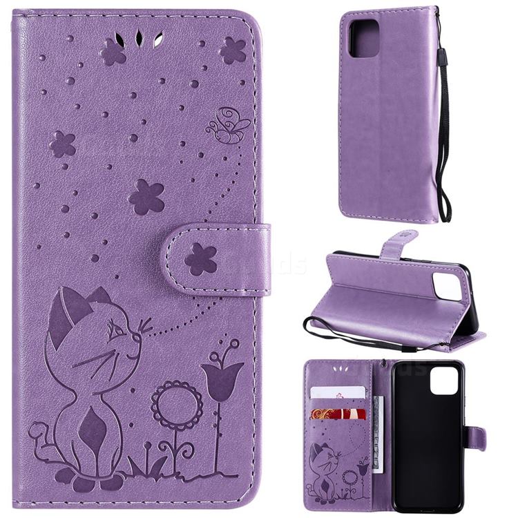 Embossing Bee and Cat Leather Wallet Case for Google Pixel 4 - Purple