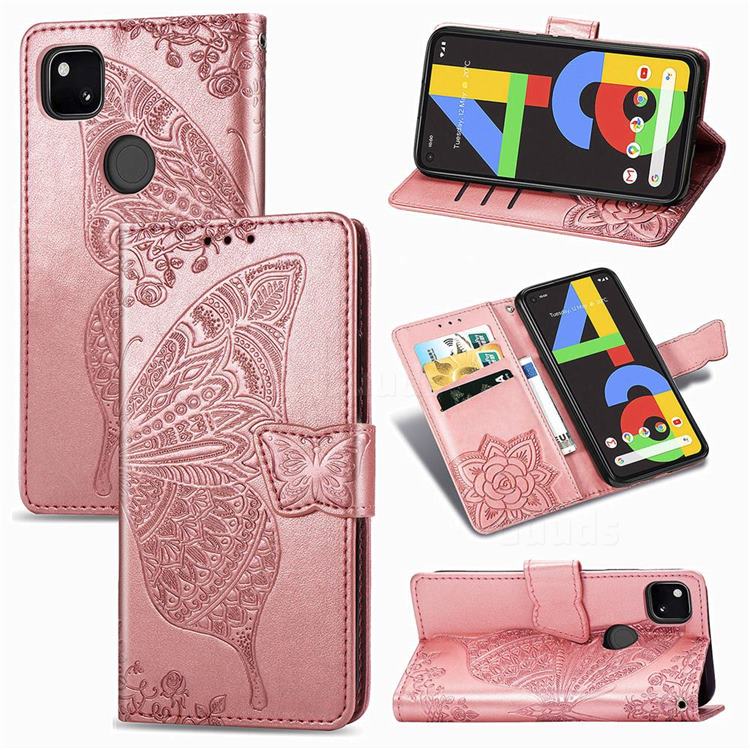 Embossing Mandala Flower Butterfly Leather Wallet Case for Google Pixel 4a - Rose Gold