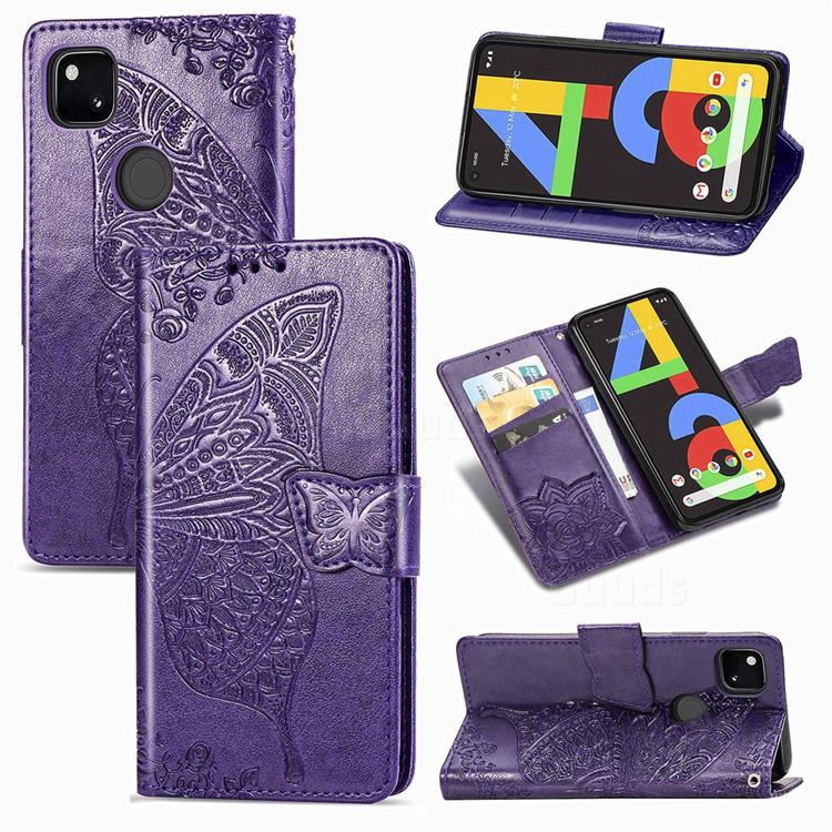 Embossing Mandala Flower Butterfly Leather Wallet Case for Google Pixel 4a - Dark Purple