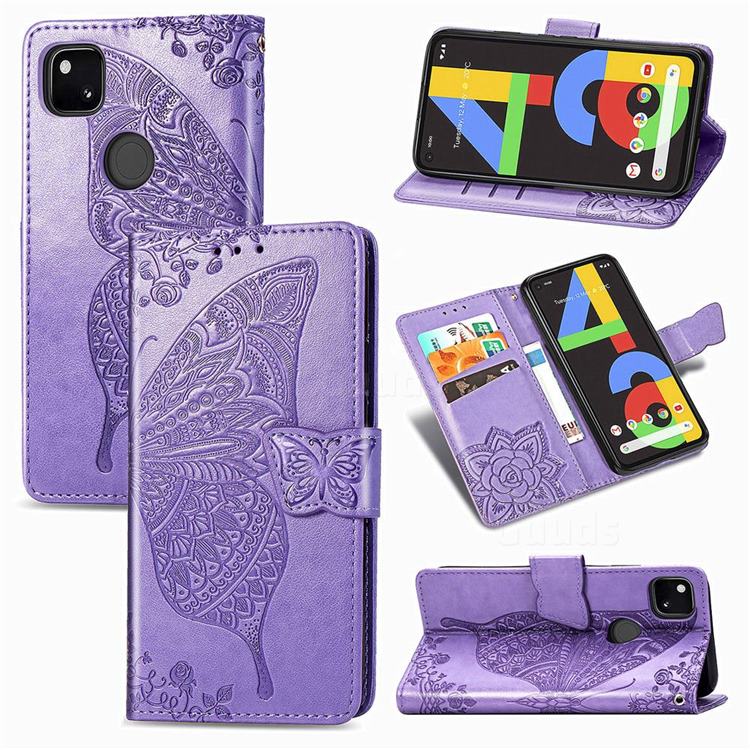 Embossing Mandala Flower Butterfly Leather Wallet Case for Google Pixel 4a - Light Purple