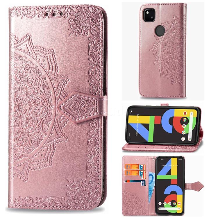 Embossing Imprint Mandala Flower Leather Wallet Case for Google Pixel 4a - Rose Gold
