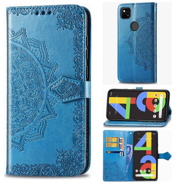 Embossing Imprint Mandala Flower Leather Wallet Case for Google Pixel 4a - Blue