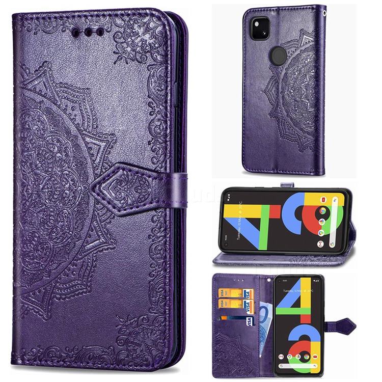 Embossing Imprint Mandala Flower Leather Wallet Case for Google Pixel 4a - Purple