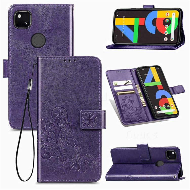 Embossing Imprint Four-Leaf Clover Leather Wallet Case for Google Pixel 4a - Purple