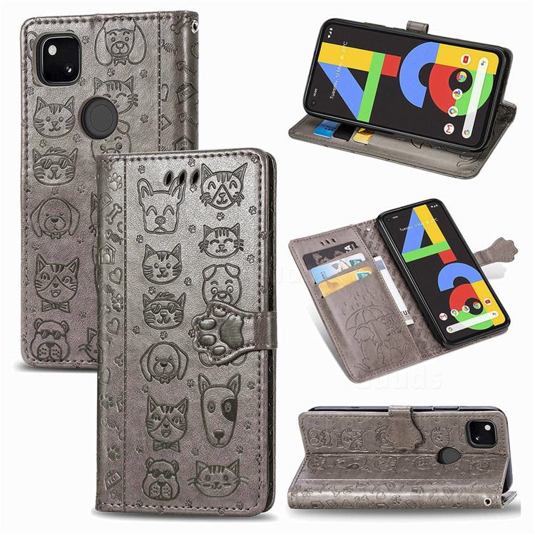 Embossing Dog Paw Kitten and Puppy Leather Wallet Case for Google Pixel 4a - Gray