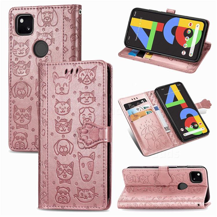 Embossing Dog Paw Kitten and Puppy Leather Wallet Case for Google Pixel 4a - Rose Gold