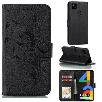 Intricate Embossing Lychee Feather Bird Leather Wallet Case for Google Pixel 4a - Black