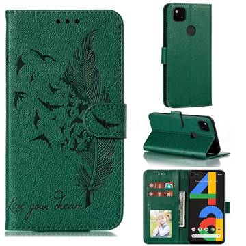 Intricate Embossing Lychee Feather Bird Leather Wallet Case for Google Pixel 4a - Green