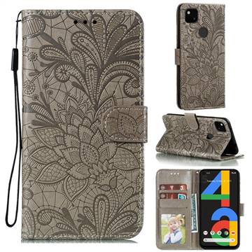 Intricate Embossing Lace Jasmine Flower Leather Wallet Case for Google Pixel 4a - Gray