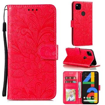 Intricate Embossing Lace Jasmine Flower Leather Wallet Case for Google Pixel 4a - Red