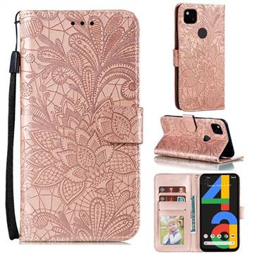 Intricate Embossing Lace Jasmine Flower Leather Wallet Case for Google Pixel 4a - Rose Gold