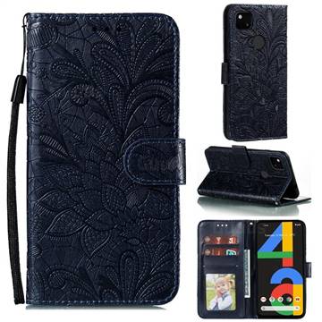 Intricate Embossing Lace Jasmine Flower Leather Wallet Case for Google Pixel 4a - Dark Blue