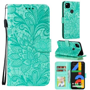 Intricate Embossing Lace Jasmine Flower Leather Wallet Case for Google Pixel 4a - Green