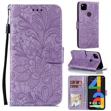 Intricate Embossing Lace Jasmine Flower Leather Wallet Case for Google Pixel 4a - Purple