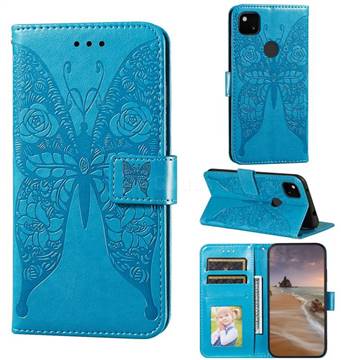 Intricate Embossing Rose Flower Butterfly Leather Wallet Case for Google Pixel 4a - Blue