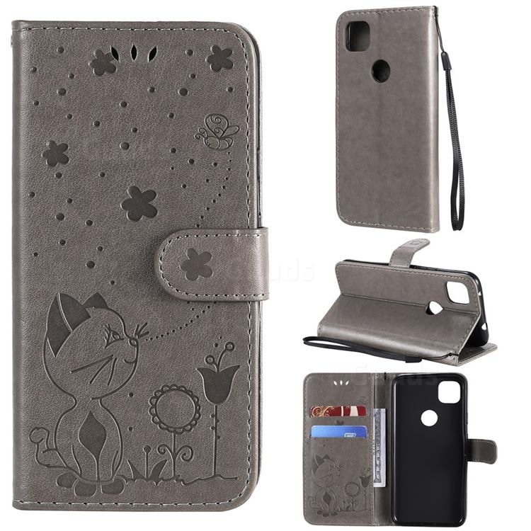 Embossing Bee and Cat Leather Wallet Case for Google Pixel 4a - Gray