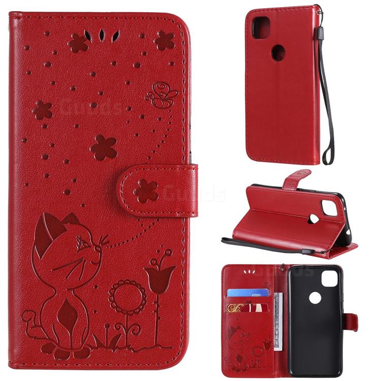 Embossing Bee and Cat Leather Wallet Case for Google Pixel 4a - Red