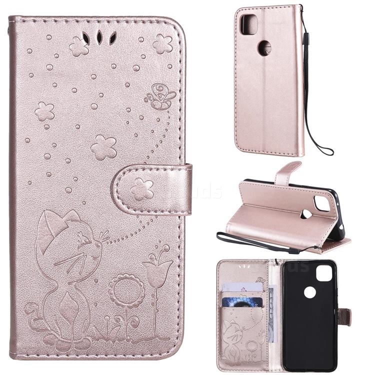Embossing Bee and Cat Leather Wallet Case for Google Pixel 4a - Rose Gold